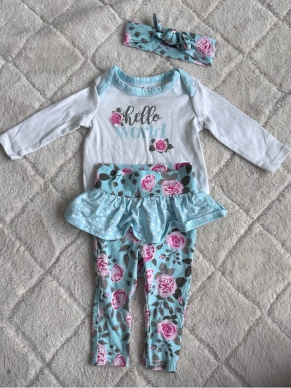 Baby Essentials | "Hello World" Blue Floral 3 Piece Set | Size 6 Months